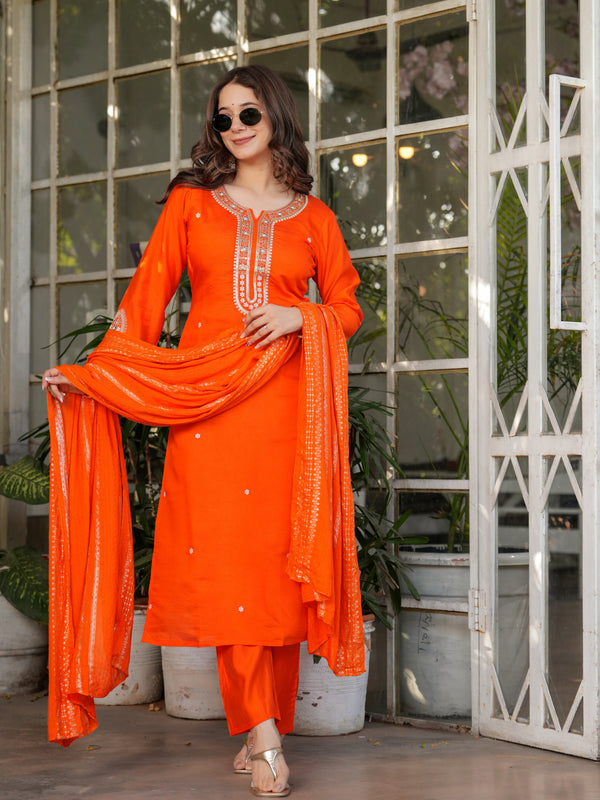Women’s Viscose Chanderi Embroidered Kurta Set with Jacquard Dupatta