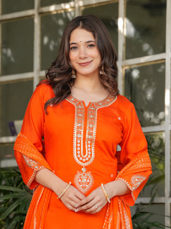 Women’s Viscose Chanderi Embroidered Kurta Set with Jacquard Dupatta