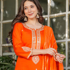 Women’s Viscose Chanderi Embroidered Kurta Set with Jacquard Dupatta