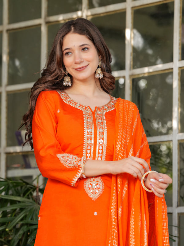 Women’s Viscose Chanderi Embroidered Kurta Set with Jacquard Dupatta