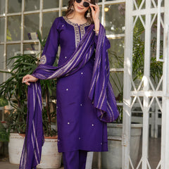 Women’s Viscose Chanderi Embroidered Kurta Set with Jacquard Dupatta