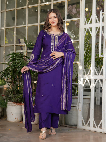Women’s Viscose Chanderi Embroidered Kurta Set with Jacquard Dupatta