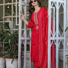 Women’s Viscose Chanderi Embroidered Kurta Set with Jacquard Dupatta
