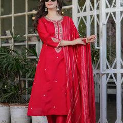 Women’s Viscose Chanderi Embroidered Kurta Set with Jacquard Dupatta