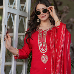 Women’s Viscose Chanderi Embroidered Kurta Set with Jacquard Dupatta