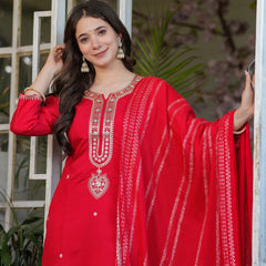 Women’s Viscose Chanderi Embroidered Kurta Set with Jacquard Dupatta