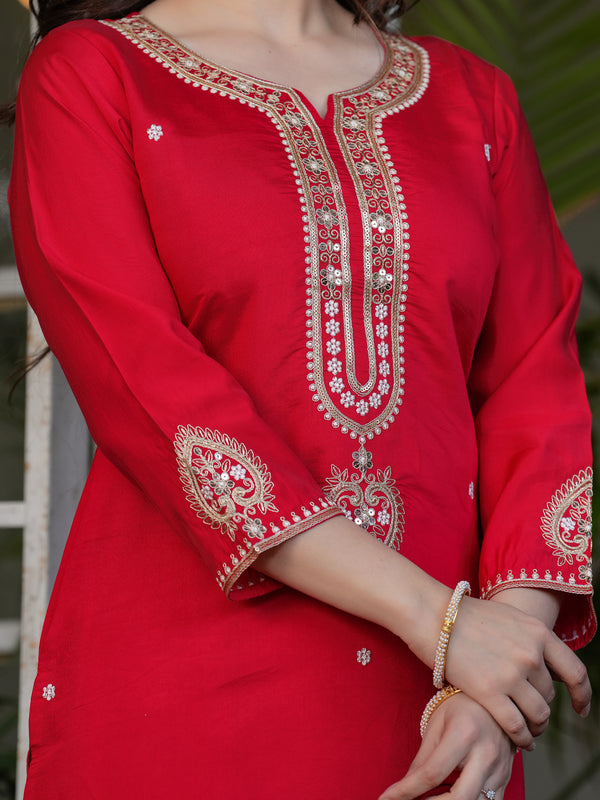 Women’s Viscose Chanderi Embroidered Kurta Set with Jacquard Dupatta