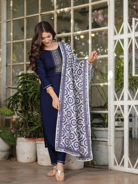 Women’s Rayon Embroidered Kurta Set with Muslin Dupatta