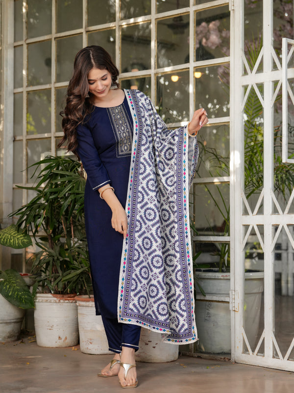 Women’s Rayon Embroidered Kurta Set with Muslin Dupatta