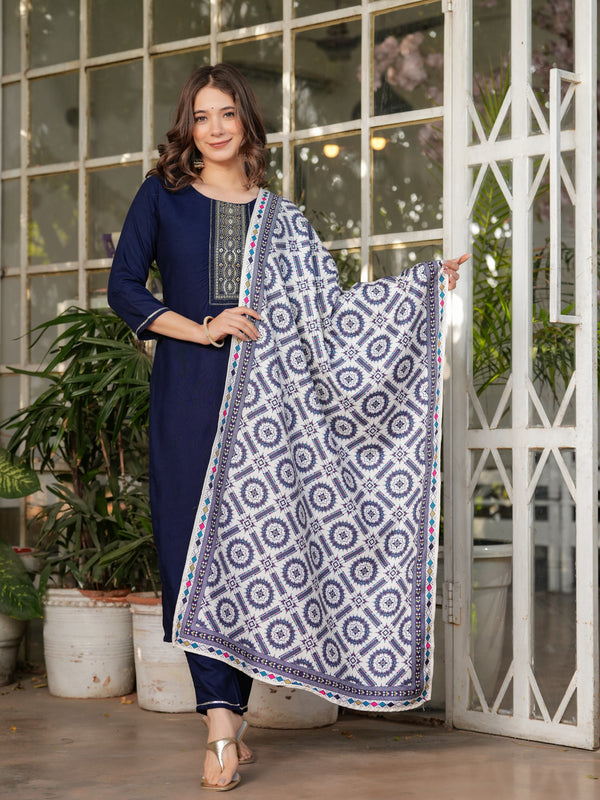 Women’s Rayon Embroidered Kurta Set with Muslin Dupatta