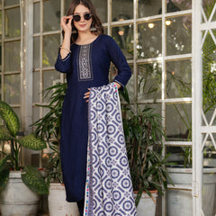 Women’s Rayon Embroidered Kurta Set with Muslin Dupatta