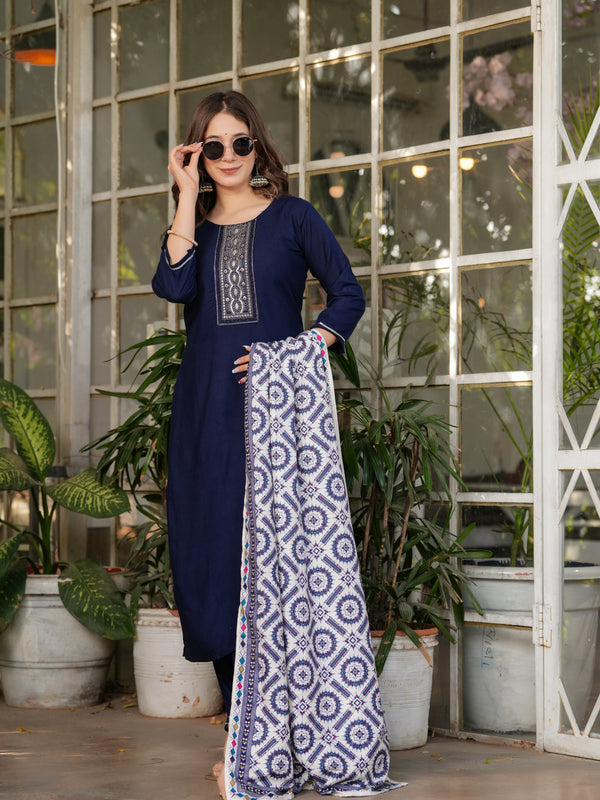 Women’s Rayon Embroidered Kurta Set with Muslin Dupatta