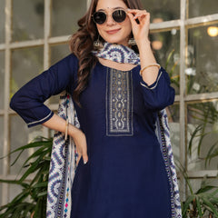 Women’s Rayon Embroidered Kurta Set with Muslin Dupatta