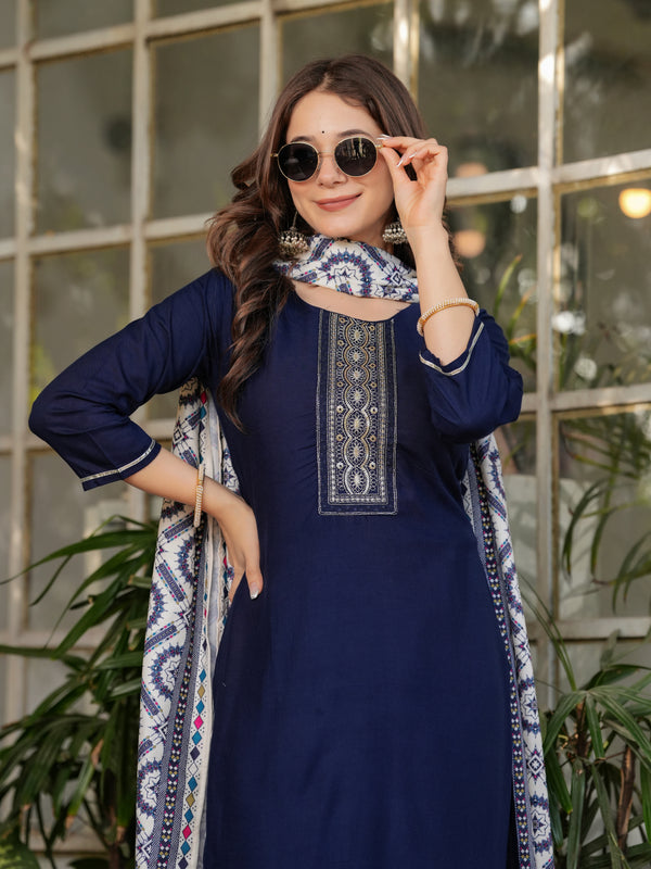 Women’s Rayon Embroidered Kurta Set with Muslin Dupatta