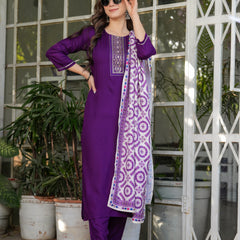 Women’s Rayon Embroidered Kurta Set with Muslin Dupatta