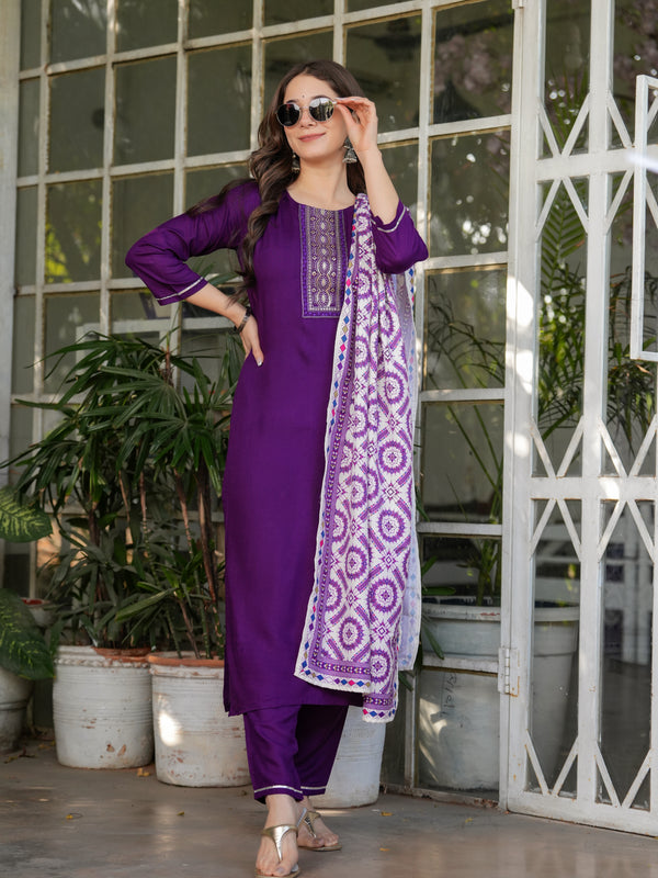 Women’s Rayon Embroidered Kurta Set with Muslin Dupatta