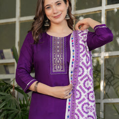 Women’s Rayon Embroidered Kurta Set with Muslin Dupatta
