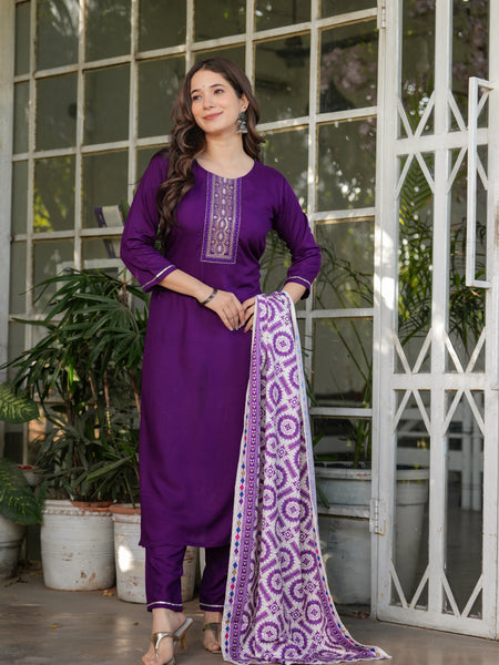 Women’s Rayon Embroidered Kurta Set with Muslin Dupatta