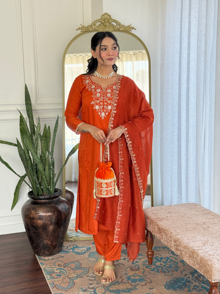 Women’s Viscose Chinon Embroidered Kurta Set with Chanderi Cotton Dupatta