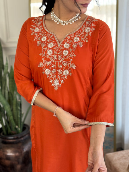 Women’s Viscose Chinon Embroidered Kurta Set with Chanderi Cotton Dupatta