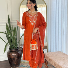 Women’s Viscose Chinon Embroidered Kurta Set with Chanderi Cotton Dupatta