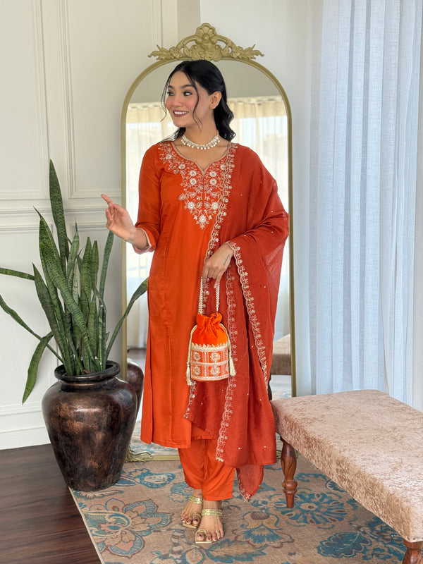 Women’s Viscose Chinon Embroidered Kurta Set with Chanderi Cotton Dupatta