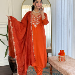 Women’s Viscose Chinon Embroidered Kurta Set with Chanderi Cotton Dupatta