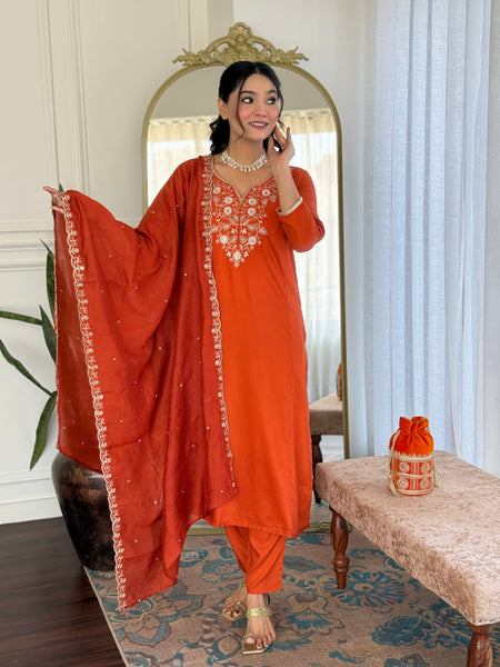 Women’s Viscose Chinon Embroidered Kurta Set with Chanderi Cotton Dupatta