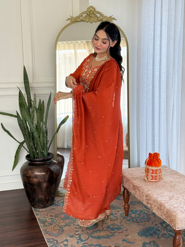 Women’s Viscose Chinon Embroidered Kurta Set with Chanderi Cotton Dupatta