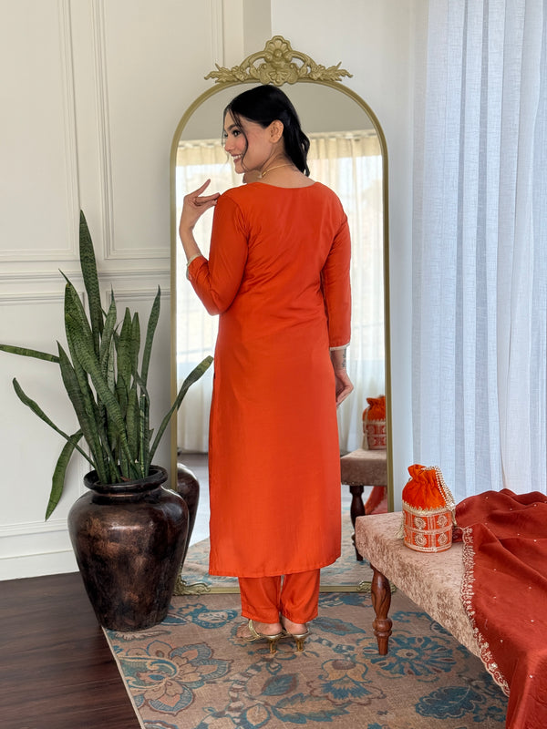 Women’s Viscose Chinon Embroidered Kurta Set with Chanderi Cotton Dupatta