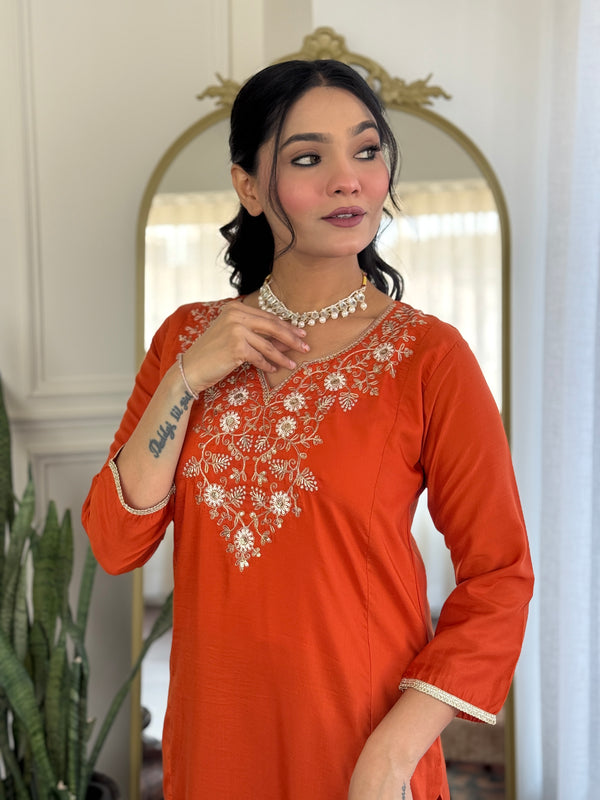 Women’s Viscose Chinon Embroidered Kurta Set with Chanderi Cotton Dupatta