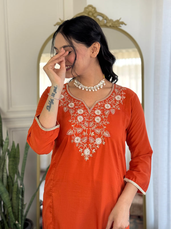Women’s Viscose Chinon Embroidered Kurta Set with Chanderi Cotton Dupatta