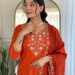 Women’s Viscose Chinon Embroidered Kurta Set with Chanderi Cotton Dupatta