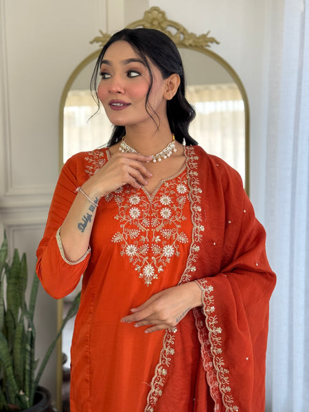 Women’s Viscose Chinon Embroidered Kurta Set with Chanderi Cotton Dupatta