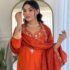 Women’s Viscose Chinon Embroidered Kurta Set with Chanderi Cotton Dupatta