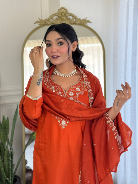 Women’s Viscose Chinon Embroidered Kurta Set with Chanderi Cotton Dupatta