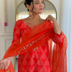 Women’s French Crepe Embroidered Kurta Set with Chanderi Bottom & Organza Dupatta