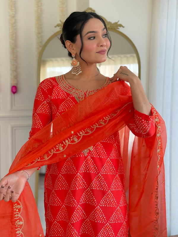 Women’s French Crepe Embroidered Kurta Set with Chanderi Bottom & Organza Dupatta