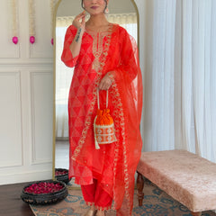 Women’s French Crepe Embroidered Kurta Set with Chanderi Bottom & Organza Dupatta