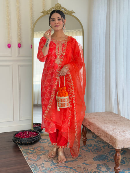 Women’s French Crepe Embroidered Kurta Set with Chanderi Bottom & Organza Dupatta