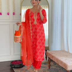 Women’s French Crepe Embroidered Kurta Set with Chanderi Bottom & Organza Dupatta