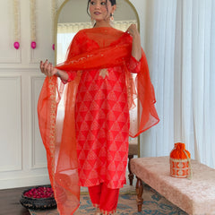 Women’s French Crepe Embroidered Kurta Set with Chanderi Bottom & Organza Dupatta