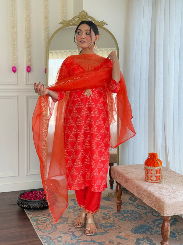 Women’s French Crepe Embroidered Kurta Set with Chanderi Bottom & Organza Dupatta