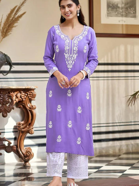 Women's Pure Rayon Embroidered Kurta Pant Set