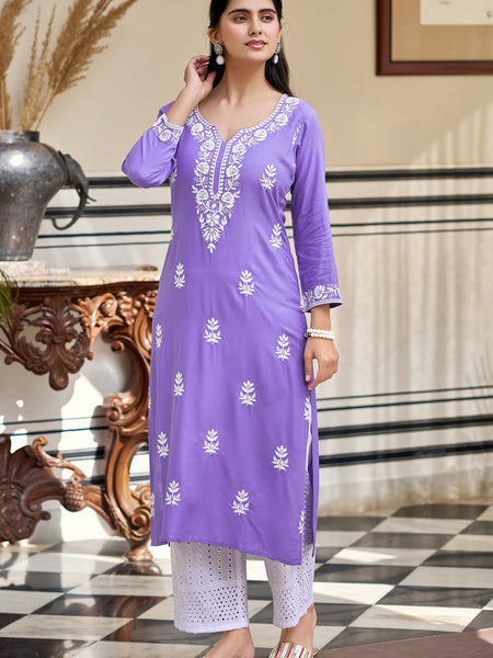Women's Pure Rayon Embroidered Kurta Pant Set