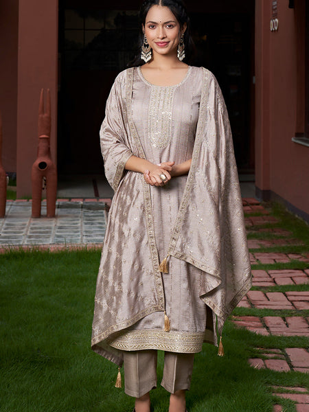 Women’s Vichitra Silk Embroidered Kurta with Solid Dyable Bottom & Embroidered Vichitra Silk Dupatta Set