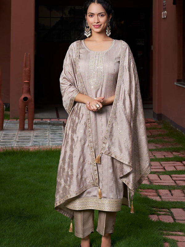 Women’s Vichitra Silk Embroidered Kurta with Solid Dyable Bottom & Embroidered Vichitra Silk Dupatta Set