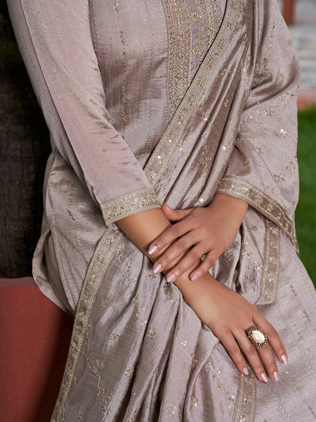 Women’s Vichitra Silk Embroidered Kurta with Solid Dyable Bottom & Embroidered Vichitra Silk Dupatta Set