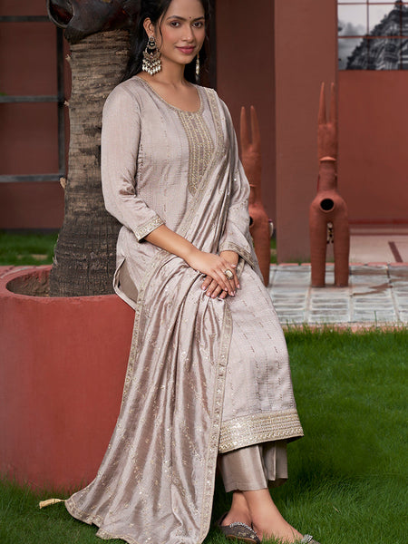 Women’s Vichitra Silk Embroidered Kurta with Solid Dyable Bottom & Embroidered Vichitra Silk Dupatta Set