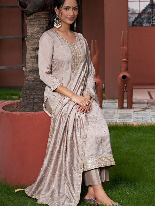 Women’s Vichitra Silk Embroidered Kurta with Solid Dyable Bottom & Embroidered Vichitra Silk Dupatta Set